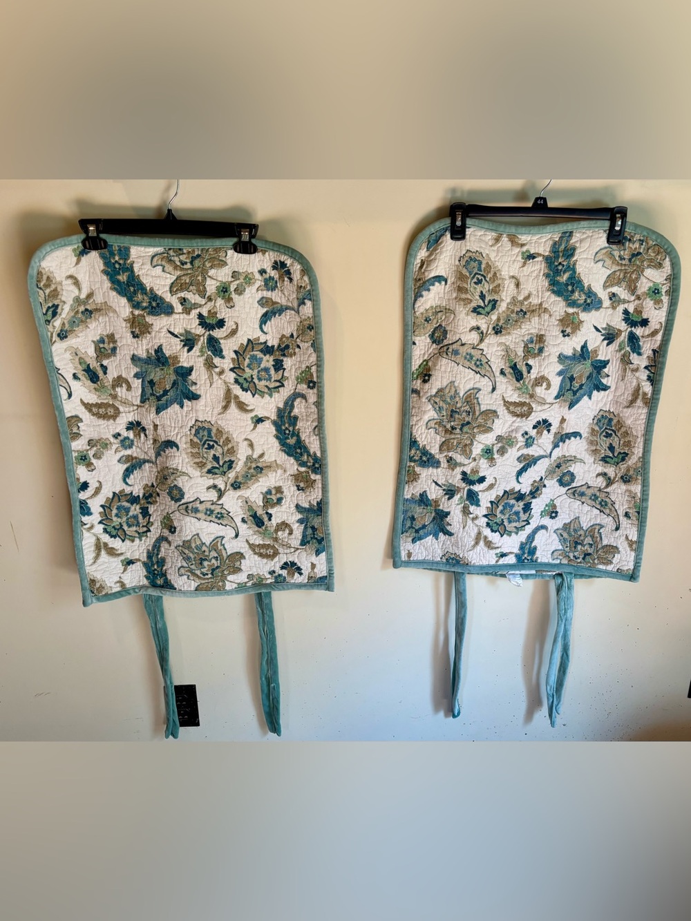 2 Standard Pillow Shams Quilted Seafoam Green Velvet & Floral Print Reversible